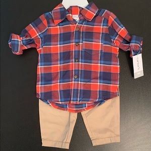 Carter’s Reddish-orange and blue striped button down with khaki pants - 6months